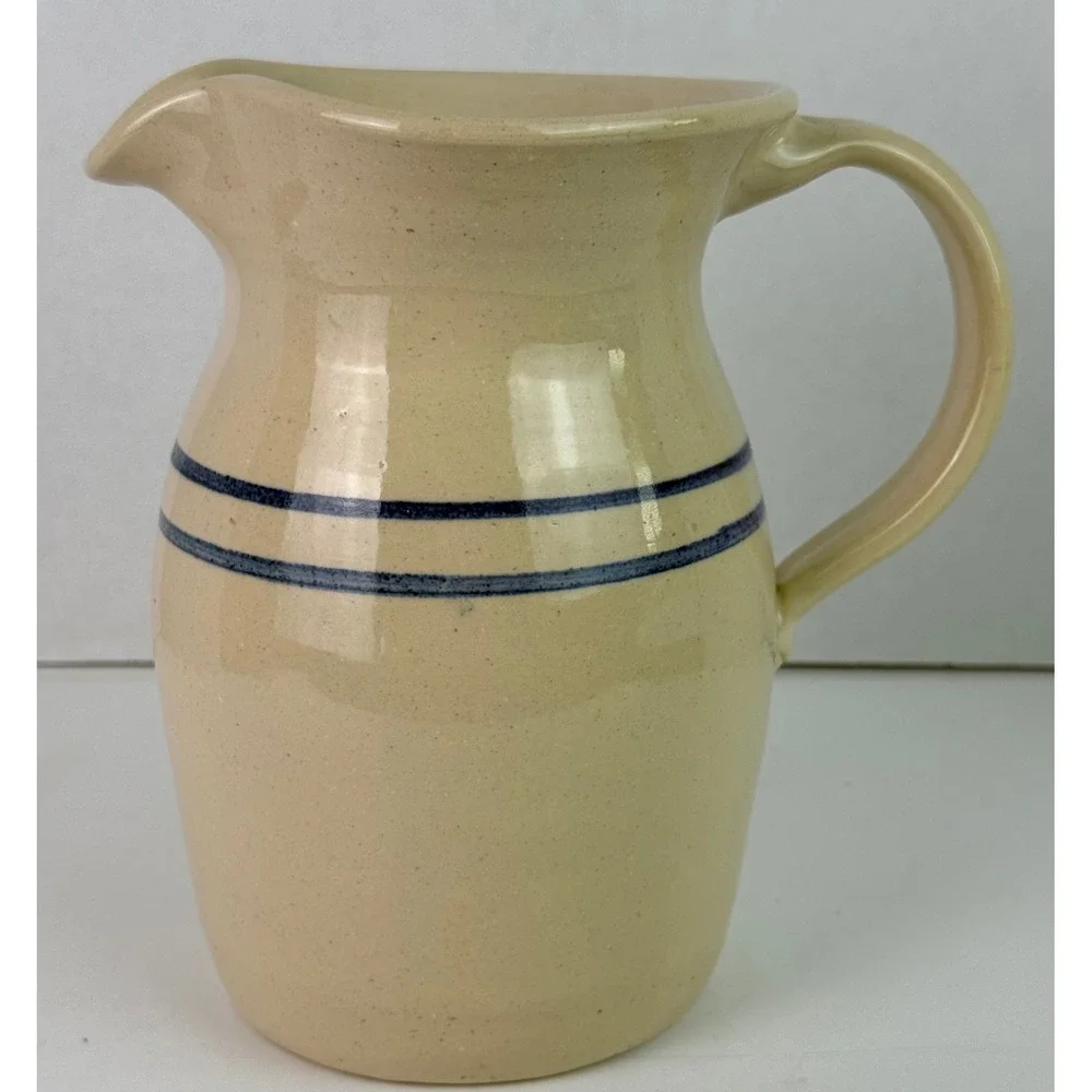 Vintage Marshall Pottery Handcrafted Double Blue Band Pitcher 7-3/4